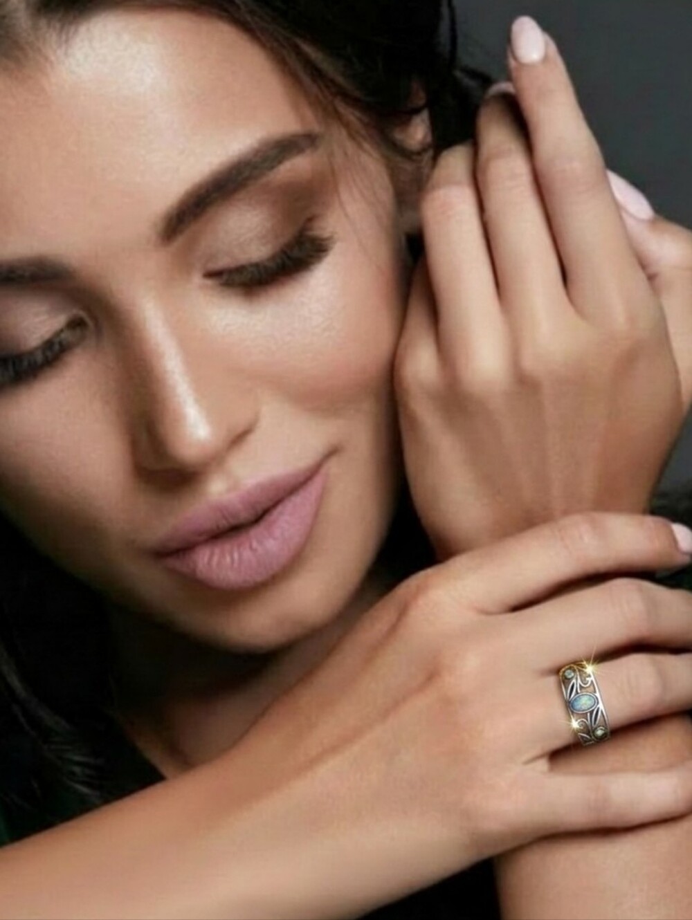 Elegant Lab Created Opal Silver Band Ring - Size 7